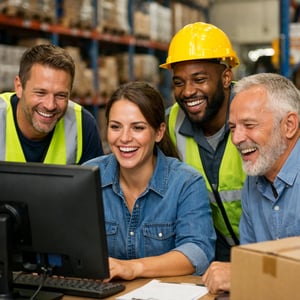 Warehouse Team Happy at Computer Screen-1